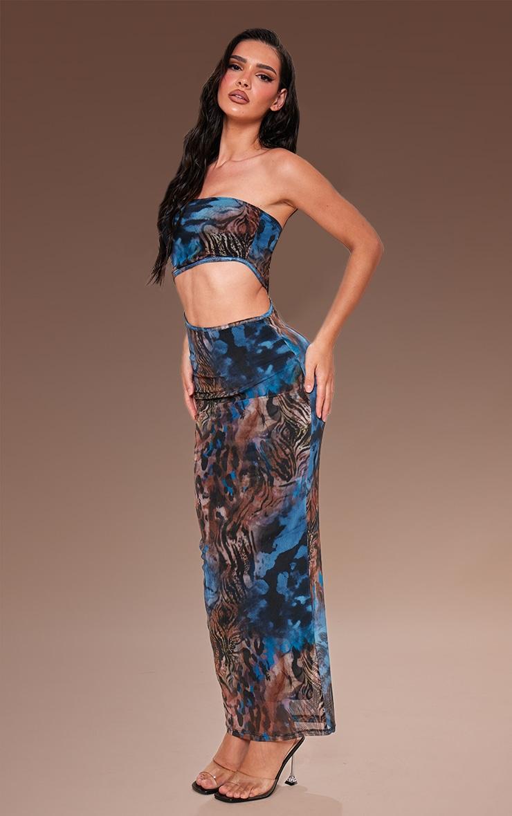 Blue Animal Print Meshed Cut Out Maxi Dress Product Image