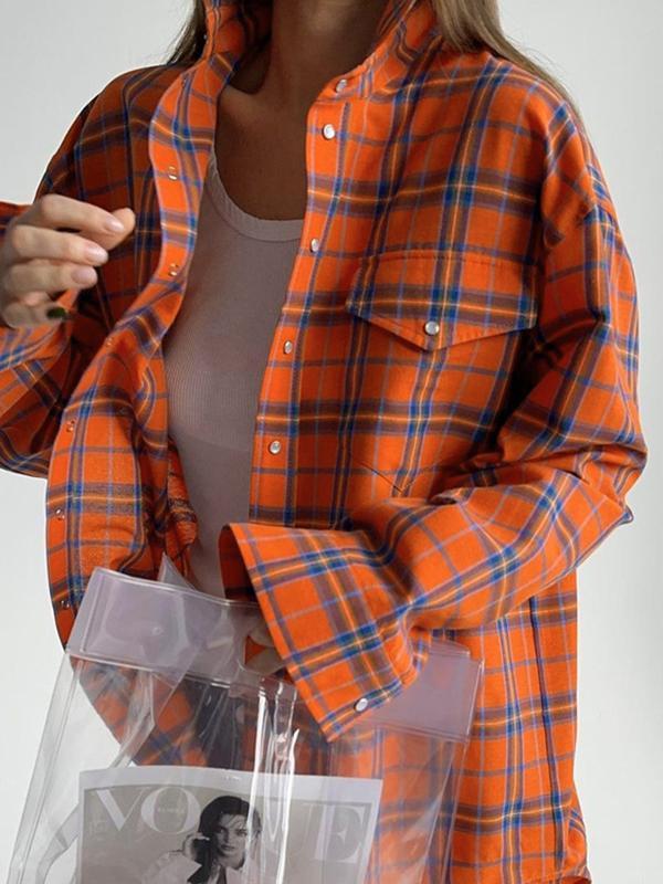 Long Sleeves Loose Buttoned Plaid Pockets Lapel Blouses&Shirts Tops Product Image