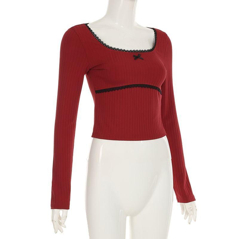 Long-Sleeve Scoop Neck Two Tone Crop Knit Top Product Image