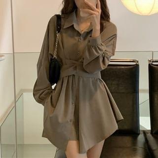 Puff-Sleeve Plain Button-Up Mini Shirtdress Product Image