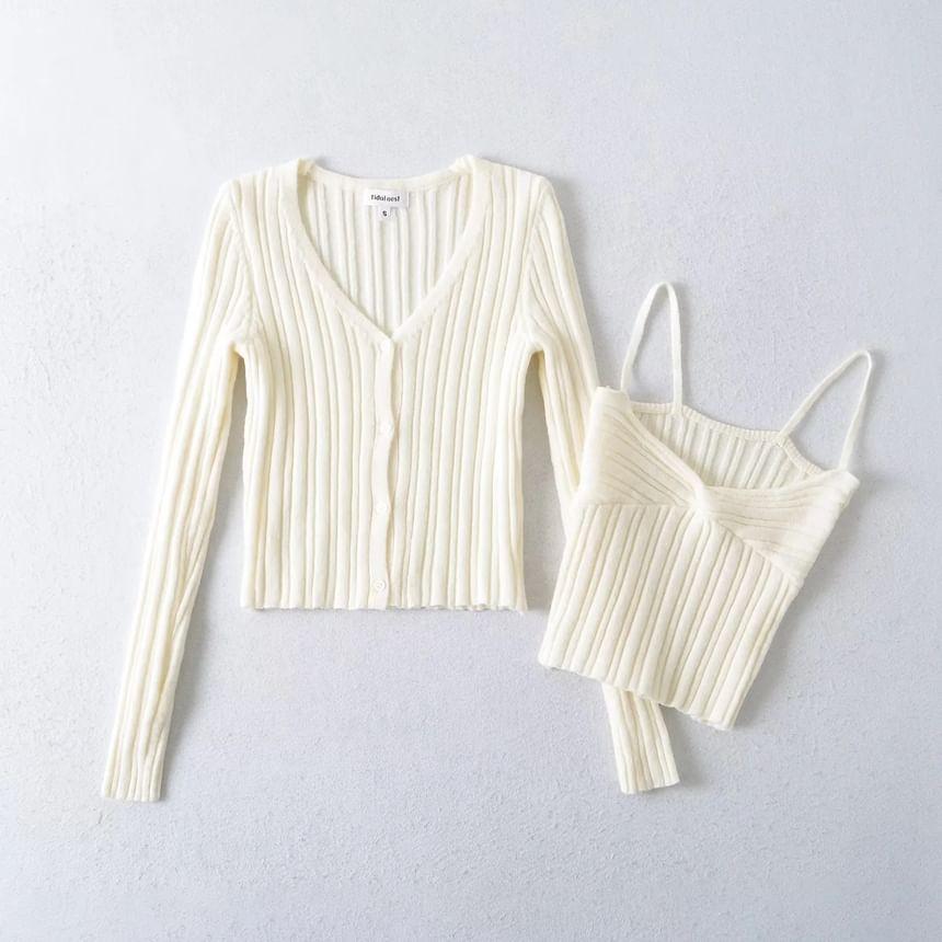 Set: Plain Cardigan + Twisted Crop Cami Top Product Image