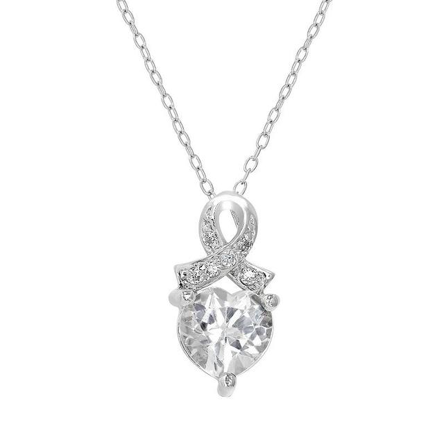 Gemistry Sterling Silver Stone & Cubic Zirconia Heart Ribbon Pendant Necklace, Womens White Topaz Product Image