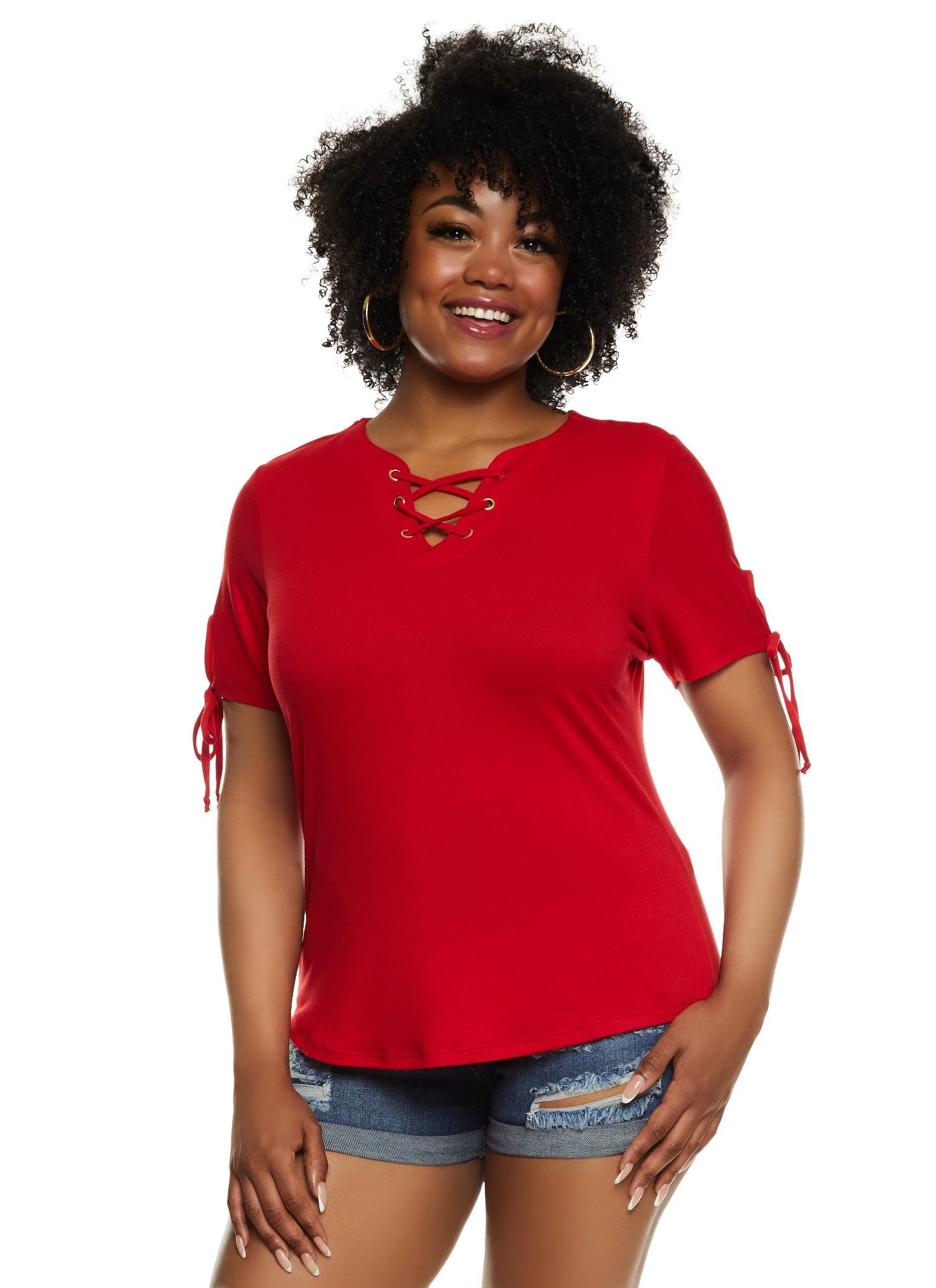 Womens Plus Size Lace Up Notch Neck Tie Sleeve Tee product image