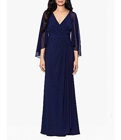 Betsy  Adam Stretch V-Neck Sleeveless Cape Back Twisted Bodice Gown Product Image