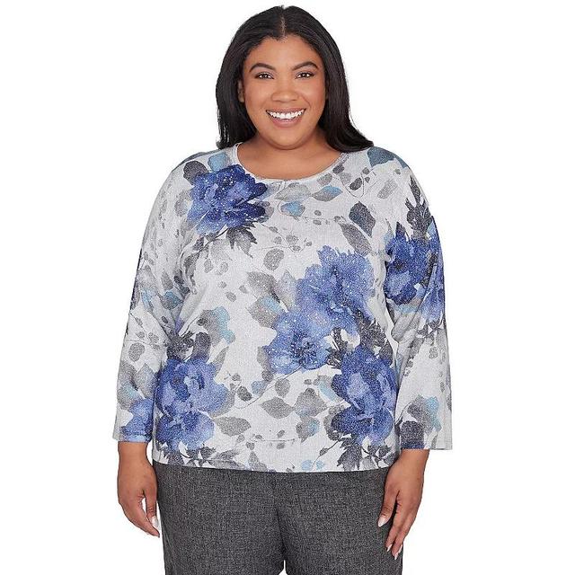 Plus Size Alfred Dunner Watercolor Floral Shimmer Crewneck Top, Womens Product Image