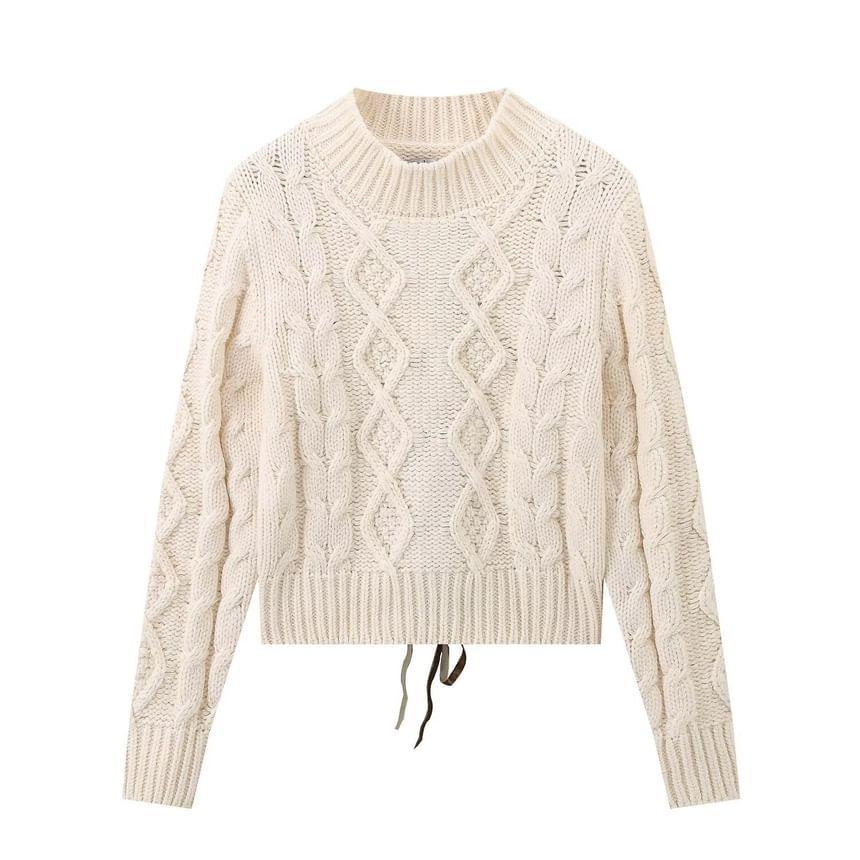 Mock Neck Plain Cable Knit Crop Sweater Product Image