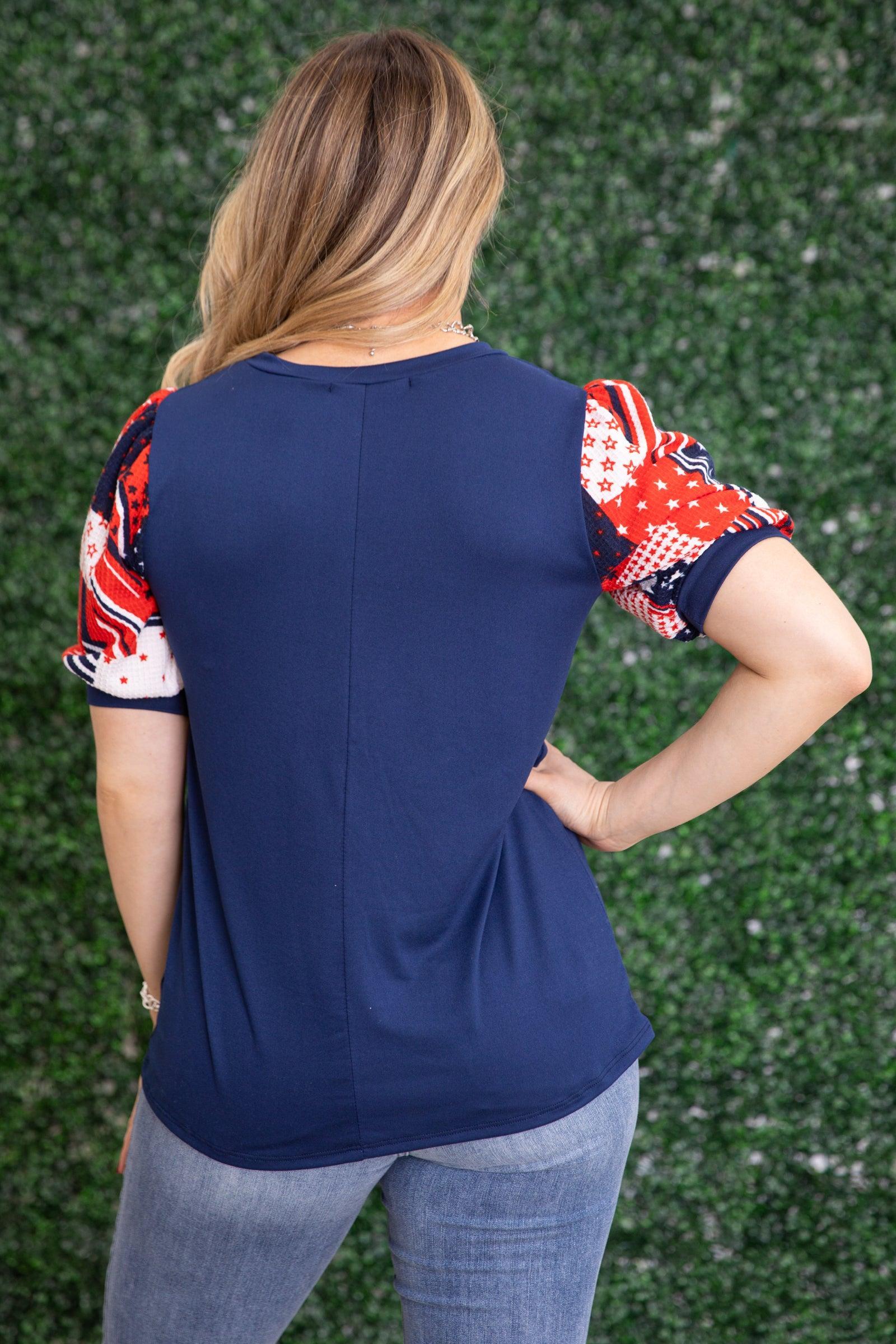 Navy Star And Stripe Puff Sleeve Knit Top Product Image