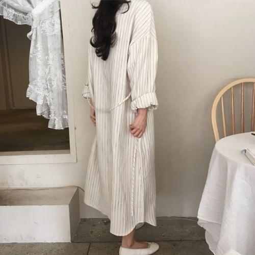 Long-Sleeve Striped Tie-Front Midi A-Line Dress Product Image