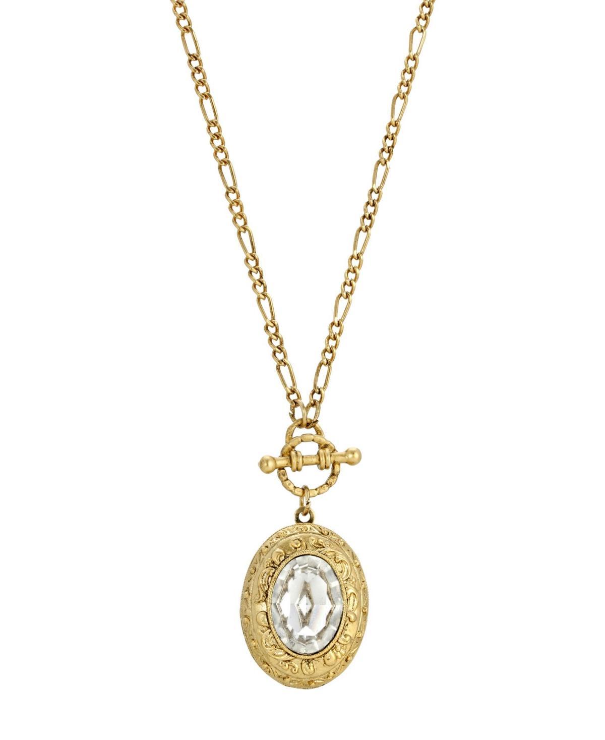 1928 Gold Tone Crystal Oval Stone Flower Locket Necklace, Womens Product Image