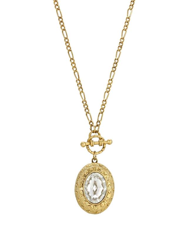 1928 Gold Tone Crystal Oval Stone Flower Locket Necklace, Womens Product Image