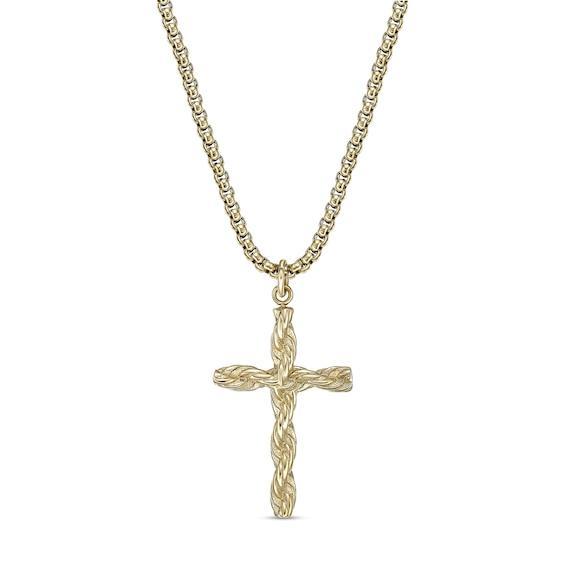 Men's Rope-Textured Cross Pendant in Stainless Steel with Gold-Toned IP - 24" Product Image