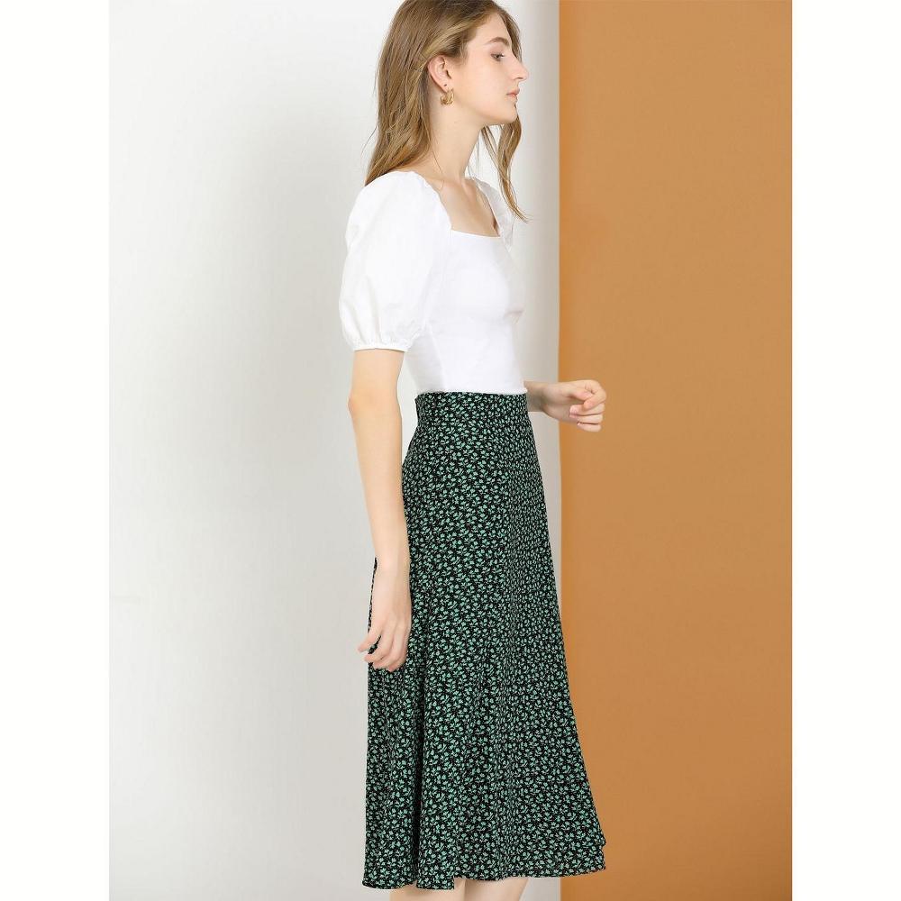 Allegra K Women's Print Peasant Elastic Waist A-Line Midi Skirts Green X-Large Product Image