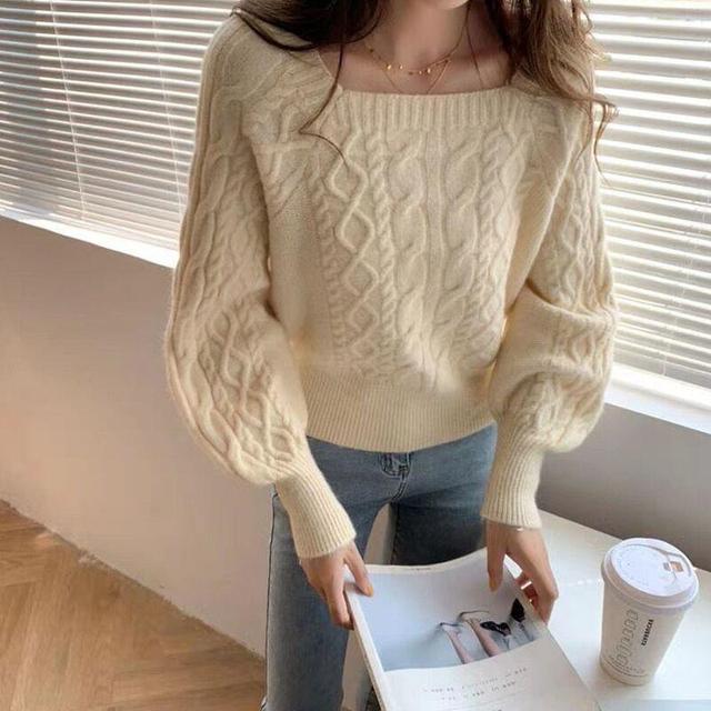 Balloon-Sleeve Cable Knit Plain Sweater Product Image