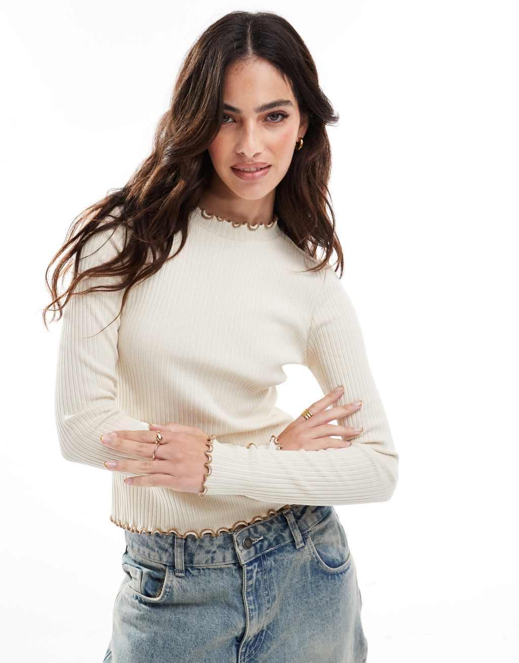 Vero Moda ribbed long sleeve top in cream with tan contrast tipping product image