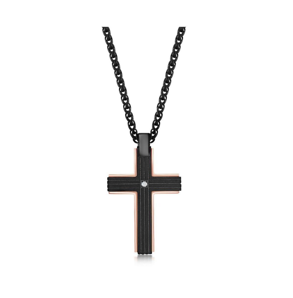 Mens Stainless Steel Black w/ Rose Gold Border Single Cz Necklace Product Image