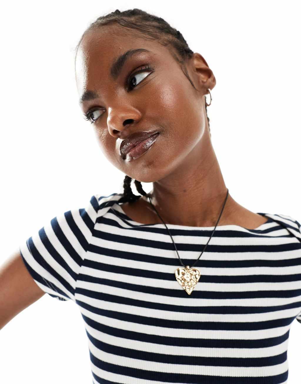 Monki fitted short sleeve top with boat neck in navy and white stripe Product Image