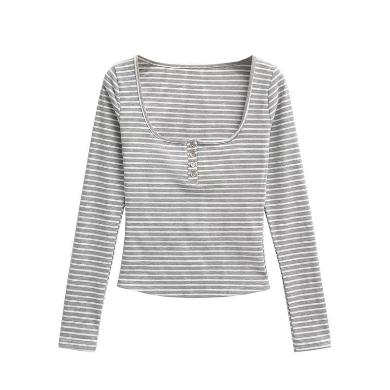 Long Sleeve Henley Striped T-Shirt Product Image