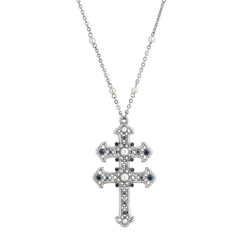 1928 Simulated Pearl & Simulated Crystal Double Cross Pendant Necklace, Womens, Blue Product Image