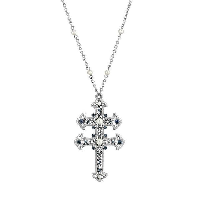 1928 Simulated Pearl & Simulated Crystal Double Cross Pendant Necklace, Womens, Blue Product Image