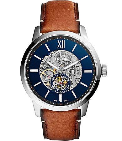 Men's Fossil Townsman Automatic Chronograph Brown Leather Strap Watch with Blue Skeleton Dial (Model: Me3154) Product Image