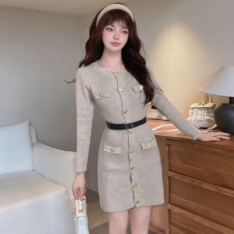 Long-Sleeve Crew Neck Plain Button-Up Mini Sheath Knit Dress Product Image