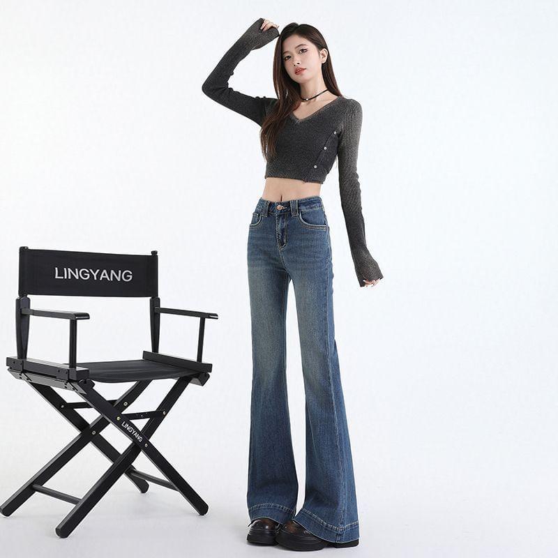 Mid Waist Washed Flared Jeans (Various Designs) Product Image