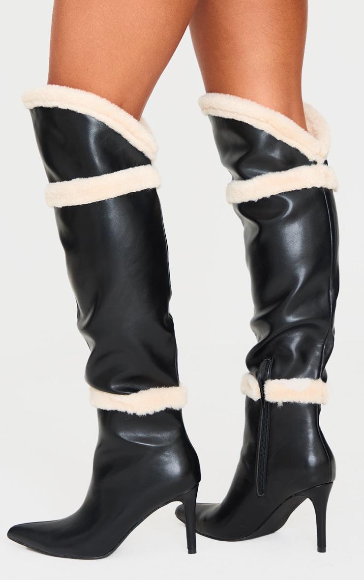 Black Pu Point Toe White Faux Fur High Stiletto Over The Knee Boots Product Image