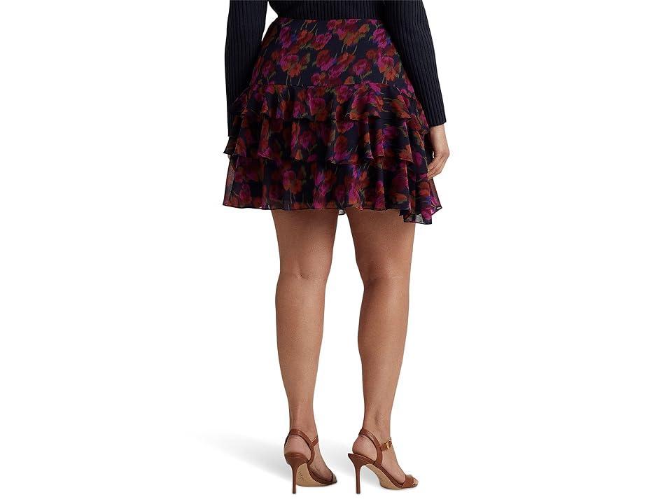 LAUREN Ralph Lauren Plus Size Floral Crinkle Georgette Tiered Skirt (Blue Multi) Women's Skirt Product Image