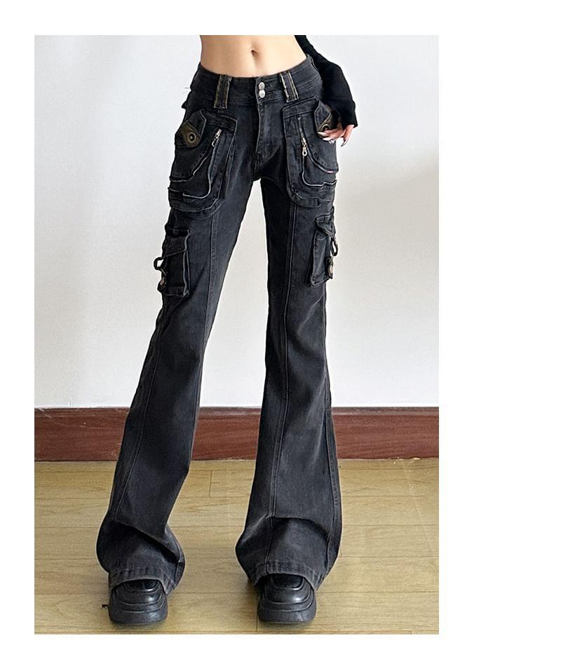 Low Waist Washed Bootcut Cargo Jeans Product Image