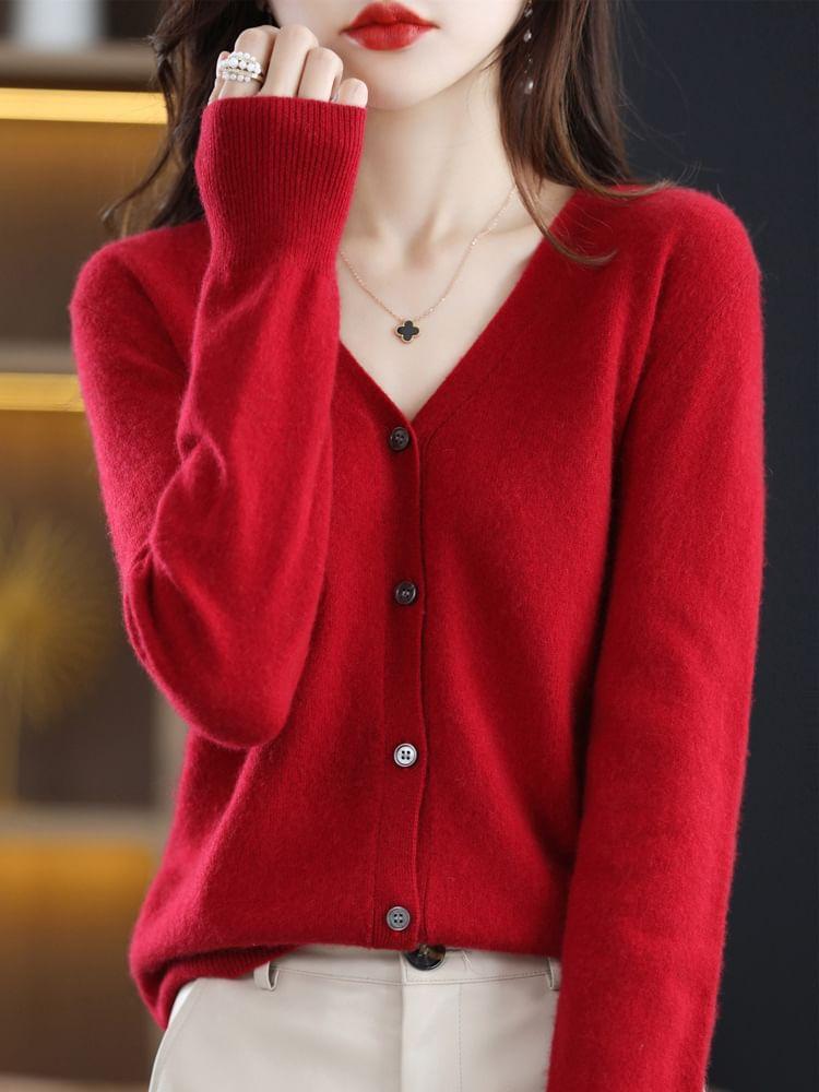 V-Neck Button-Up Plain Cardigan Product Image