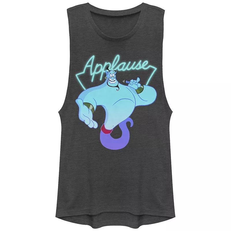 Disneys Aladdin Juniors Genie Applause Sign Festival Muscle Tank, Womens Denim Grey Product Image