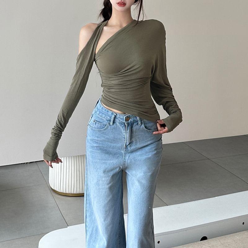 Long-Sleeve One-Shoulder Plain Ruched Asymmetrical Tee Product Image