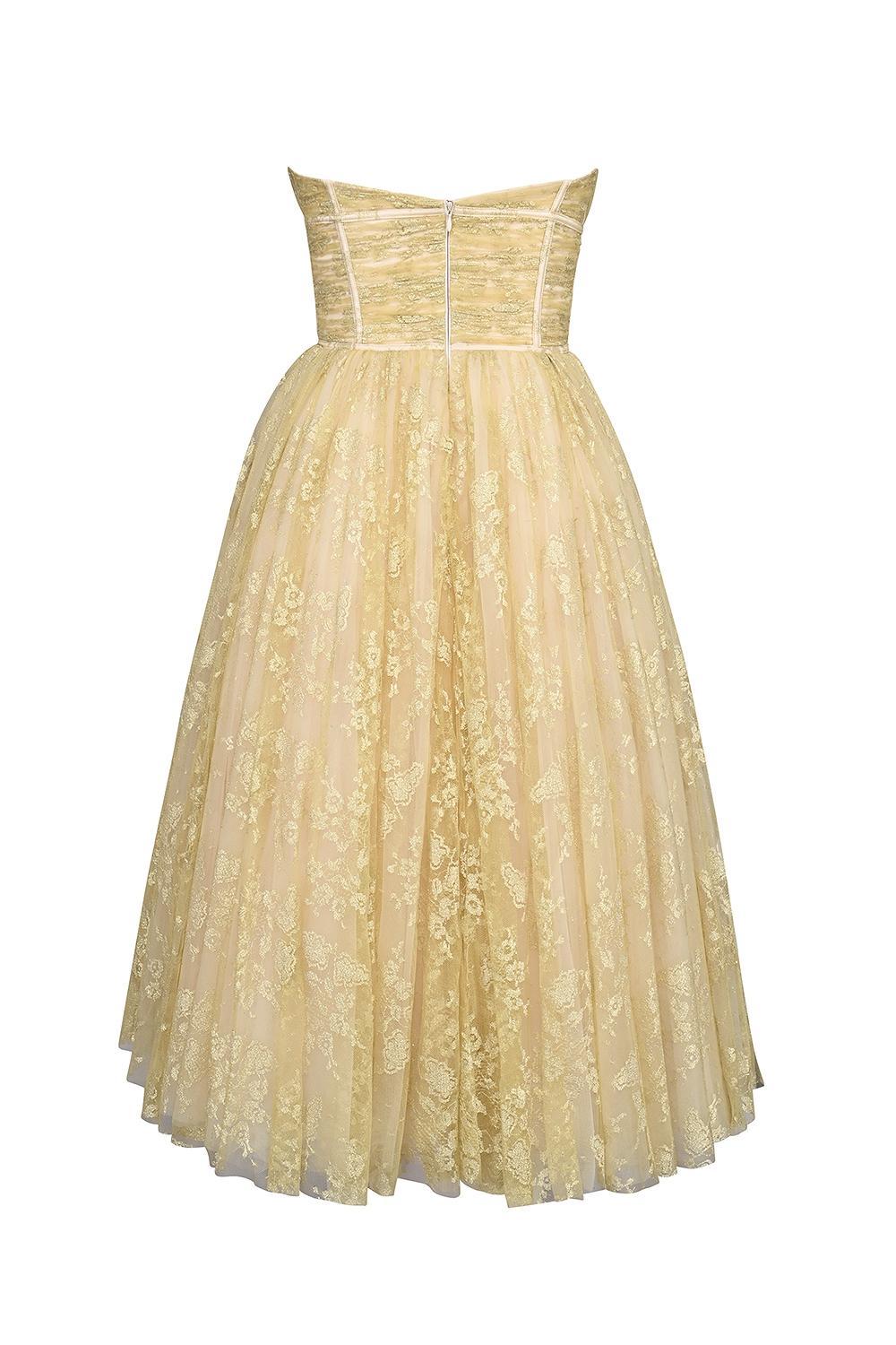 Madame Gold Metallic Lace Tulle Midi Gown Product Image