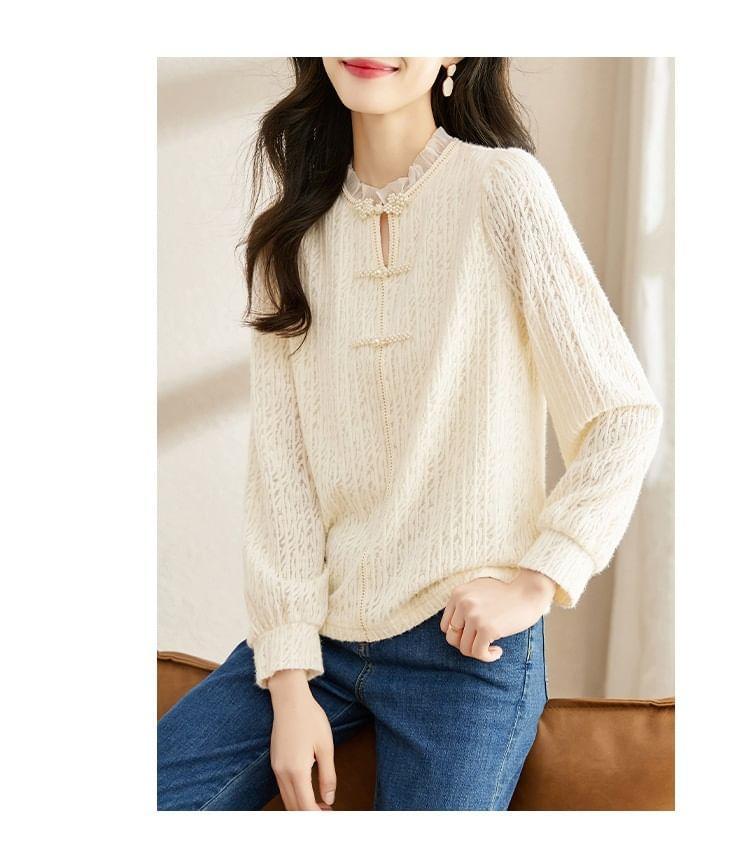 Long-Sleeve Stand Collar Frill Trim Cutout Frog Buttoned Lace Blouse Product Image