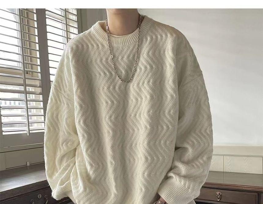 Crew Neck Plain Jacquard Sweater Product Image