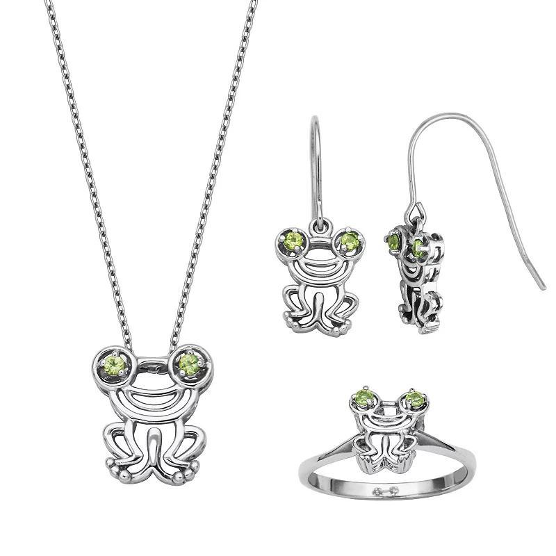 Rhodium-Plated Sterling Silver Genuine Peridot Frog 3-Piece Jewelry Set, Womens Product Image