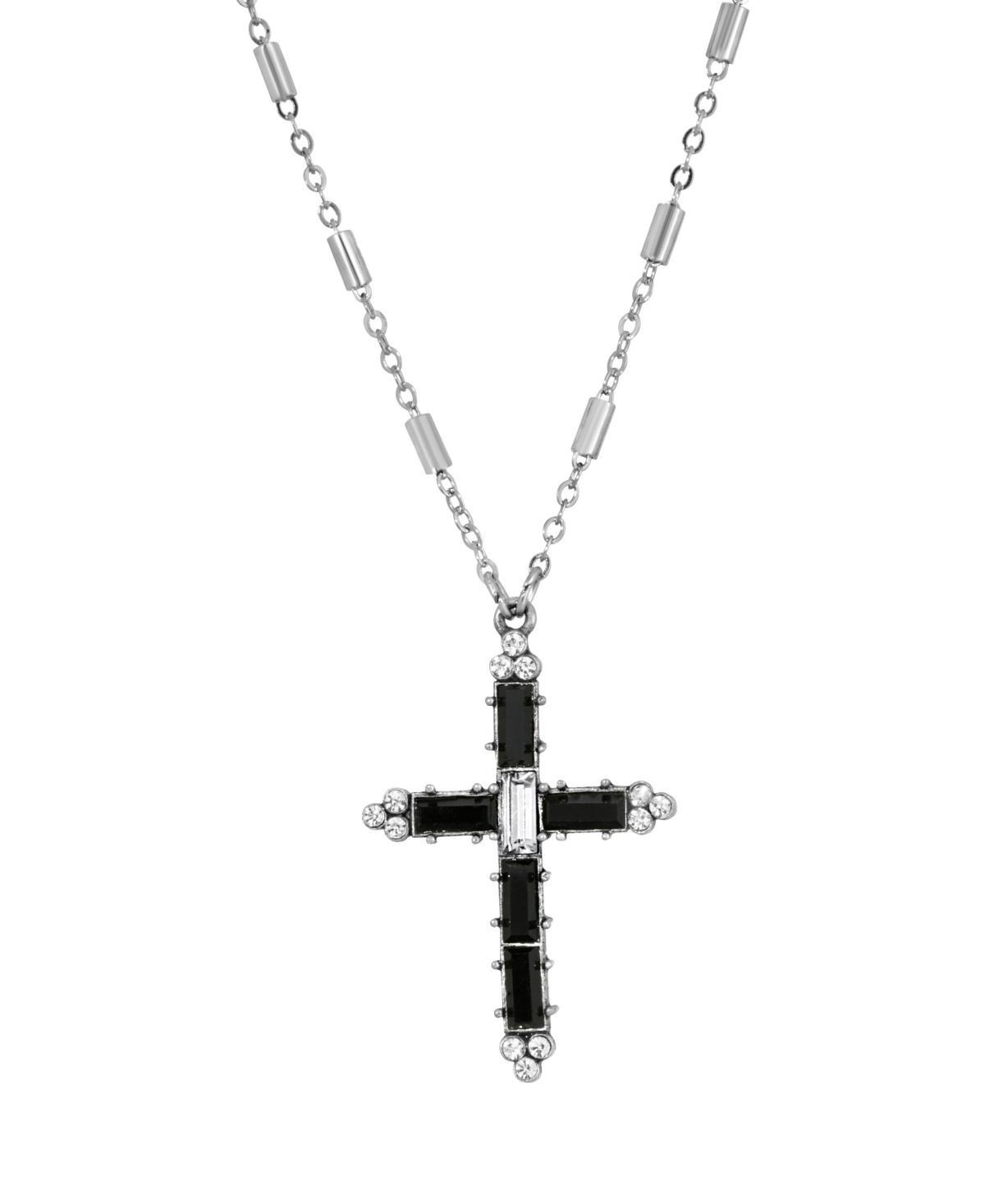 Symbols of Faith Silver-Tone Crystal Cross Necklace, Womens, Black Product Image