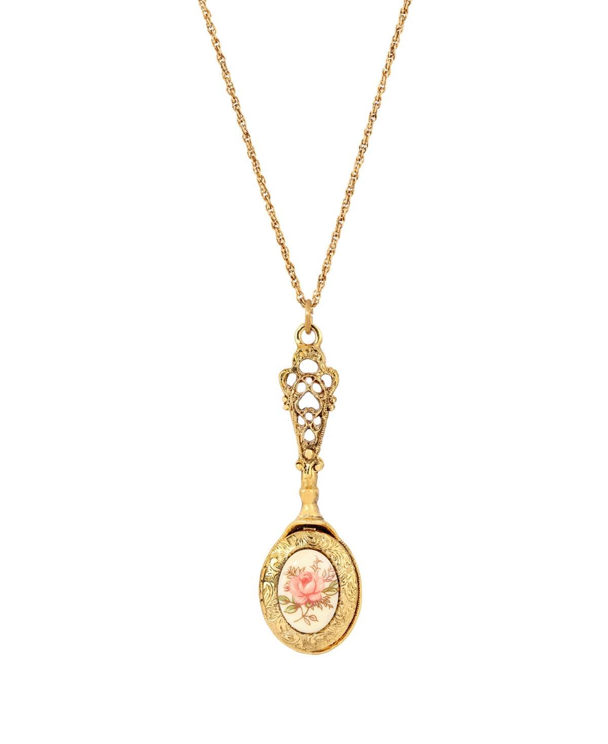 1928 Gold Tone Flower Decal Oval Locket Necklace, Womens, Pink Product Image