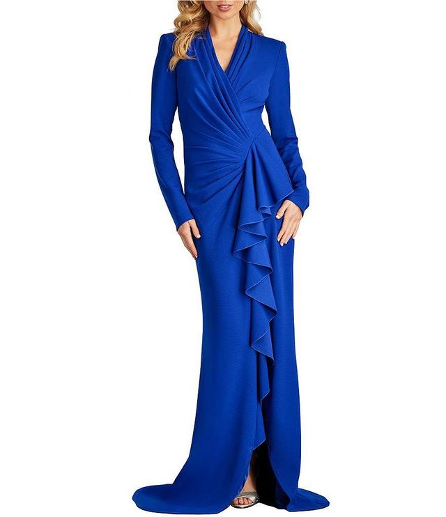 Tadashi Shoji Crepe Pleated V-Neck Long Sleeve Cascading Ruffle Gown Product Image