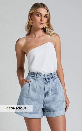 Amalie The Label - Jaylin Recycled Cotton High Waisted Denim Shorts in Light Blue Wash Product Image