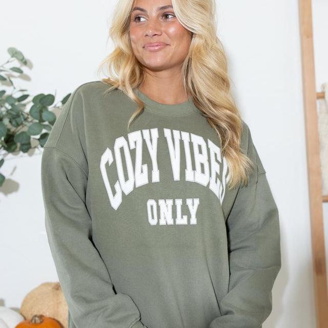 Cozy Vibes Olive Oversized Graphic Sweatshirt Product Image