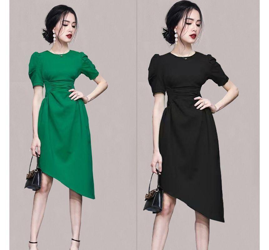 Short-Sleeve Crew Neck Plain Asymmetrical Sheath Dress Product Image