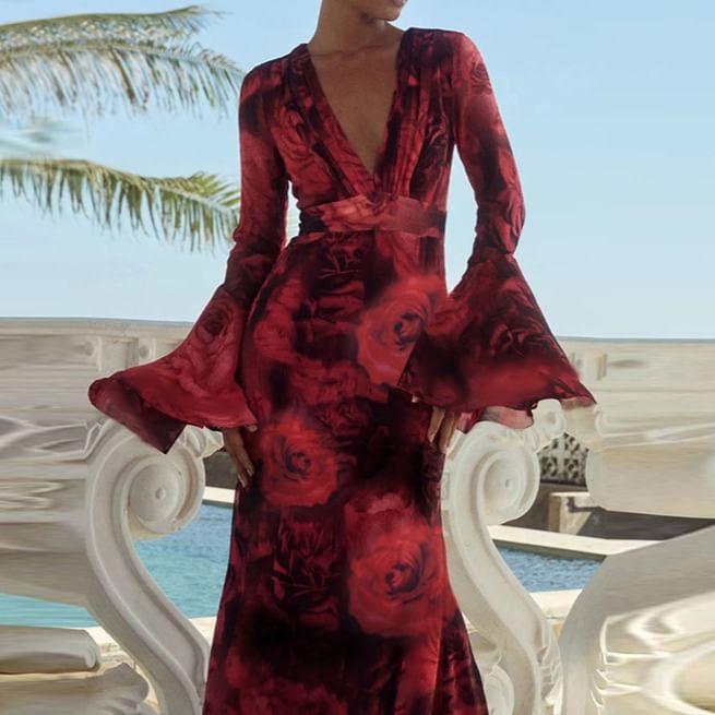 Bell Sleeve V-Neck Floral Print Mesh Maxi A-Line Dress Product Image