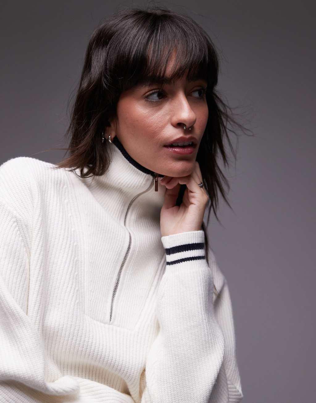 Mango half zip tipped sweater in white Product Image