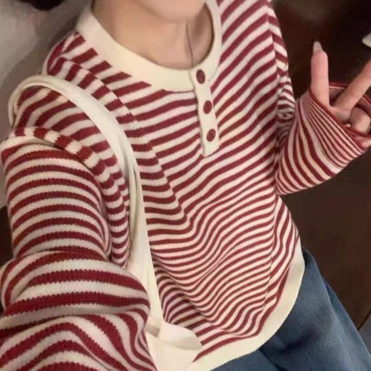 Long-Sleeve Henley Striped Knit Top Product Image