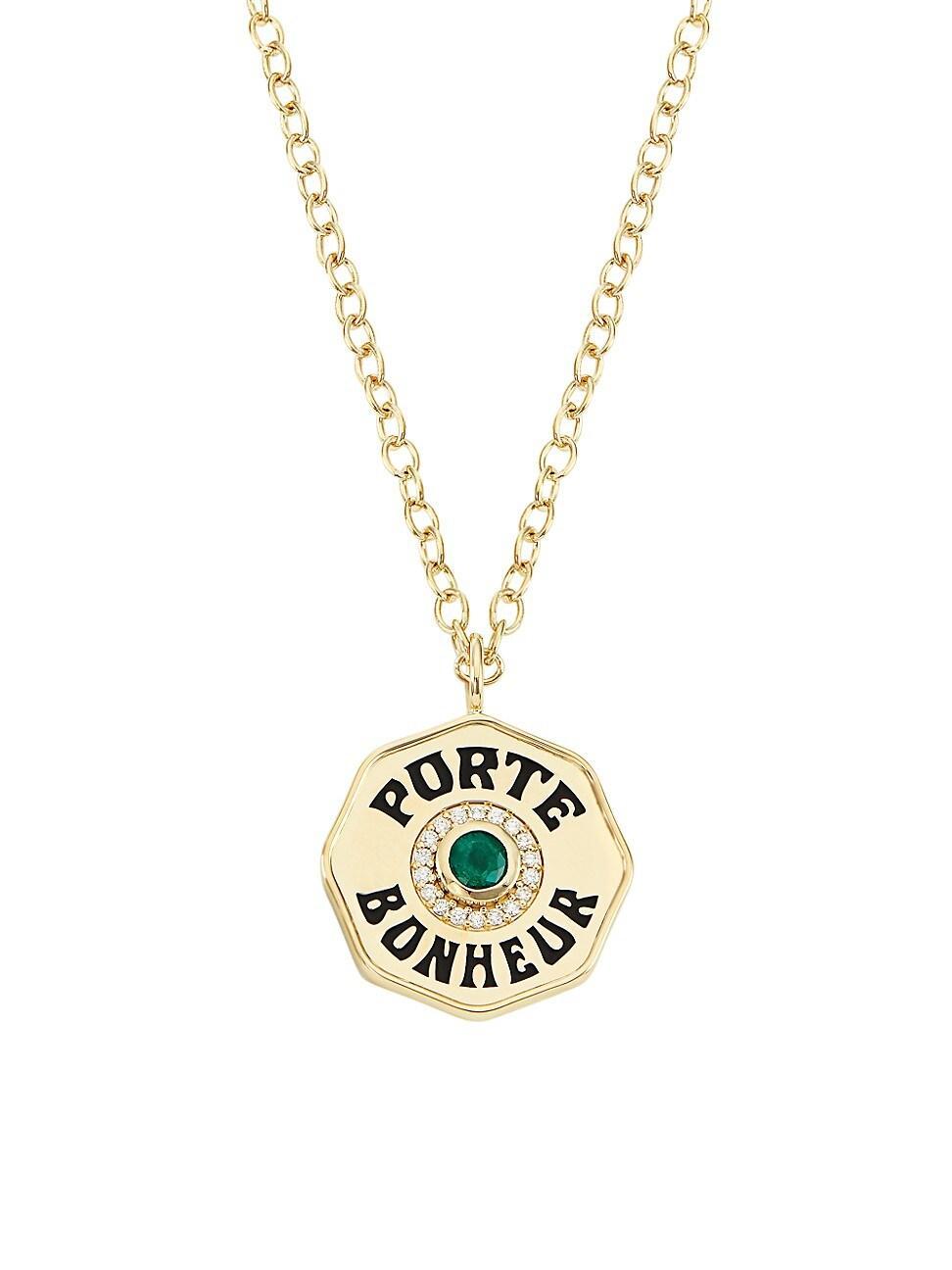 Womens Je Porte Bonheur Large 14K Yellow Gold, Enamel, Emerald & 0.31 TCW Diamond Pendant Necklace Product Image