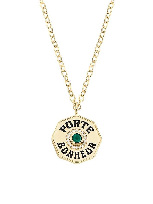 Womens Je Porte Bonheur Large 14K Yellow Gold, Enamel, Emerald & 0.31 TCW Diamond Pendant Necklace Product Image