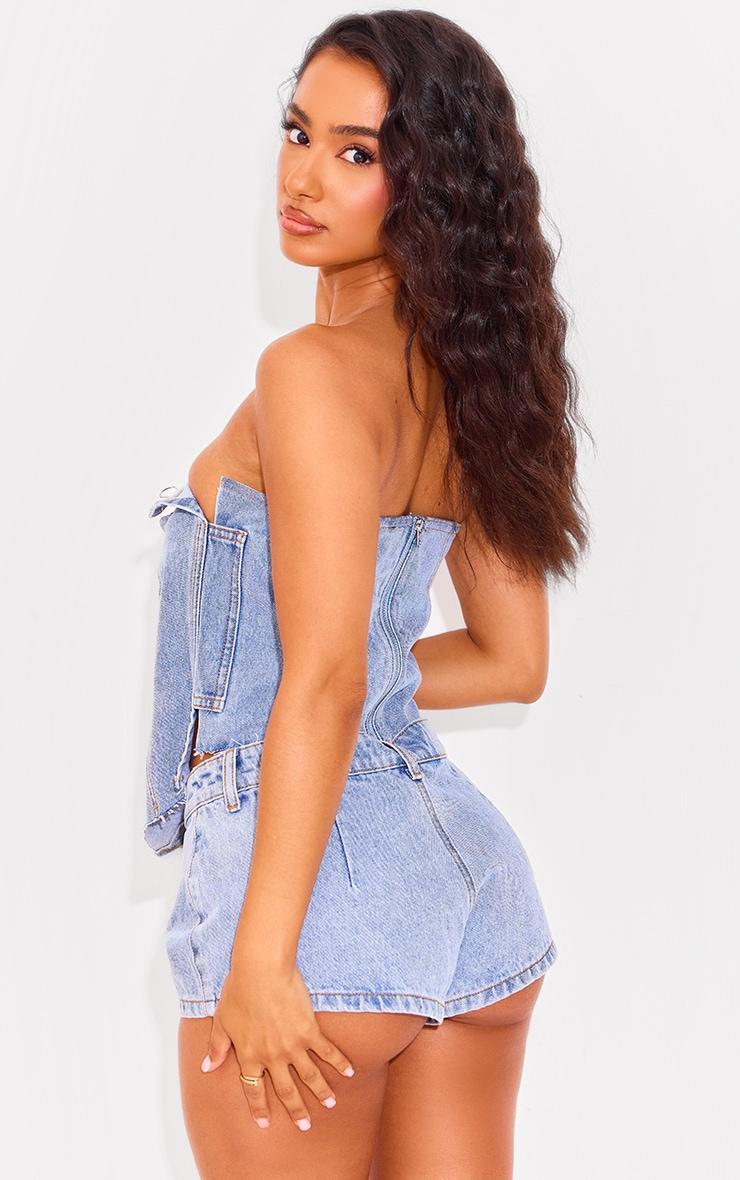 Petite Light Blue Wash Side Cut Out Bandeau Denim Top Product Image