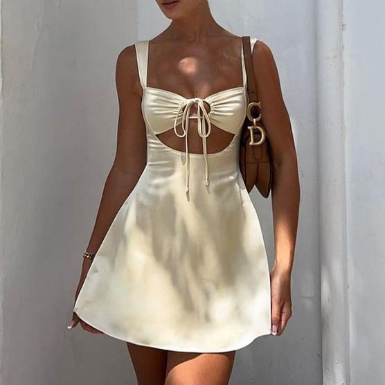 Wide Strap Plain Drawstring Cutout Mini A-Line Dress Product Image