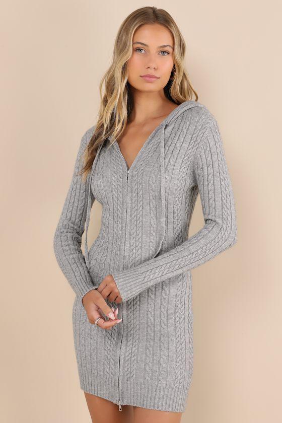 Cozy Aura Grey Cable Knit Zip-Front Hooded Sweater Mini Dress Product Image